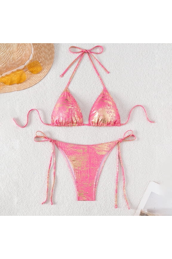 Swimsuits for Women 2026 Cheeky Sequin Two Piece Bikini Sets Tie Side Spaghetti Strap Glitter Ladies Swimwear S