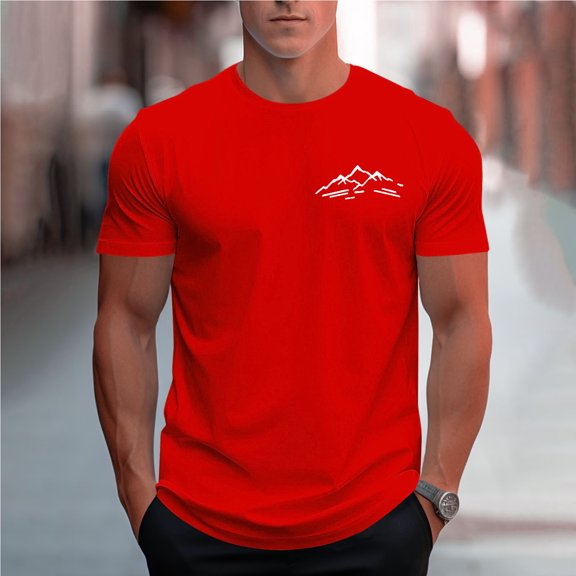 Dolkfu T Shirts for Man Mountain Crew Neck Red Short Sleeve Tops Minimalist Printed T-Shirts Summer Tops