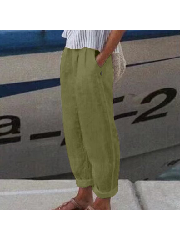 Taper Pants for Women Trendy Green Cotton Linen Refined Regular Mid-Waist Joggers Pants Elastic Waist Modern Minimalist Solid Pants Green,M