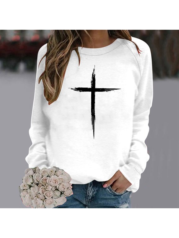 The Cross Womens Summer Tops White Crew Neck Long Sleeve Pull-on T-Shirts Geometric Printed Faith Cross Tops White,Xl
