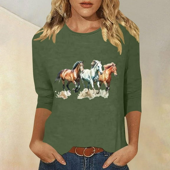 Dolkfu Tops Ladies 3/4 Sleeve Western Casual Vintage Crew Neck Loose Fit Horse Printed T-Shirt Tshirt Women XL
