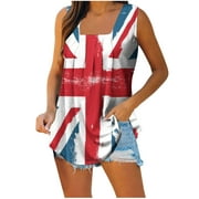 Dolkfu Tops Women Smocked Square Neck Independence Day Tank Tops Women American Flag Shirts
