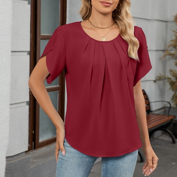 Dolkfu Tops for Women 2026 Business Casual Short Sleeve Crew Neck Red Blouse Breathable Smocked Women Shirt S