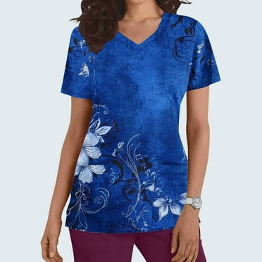 Dolkfu Tops for Women Short Sleeve V Neck Nursing Pocket Casual Floral Print Scrub Tunics Spring Shirts for Women，L