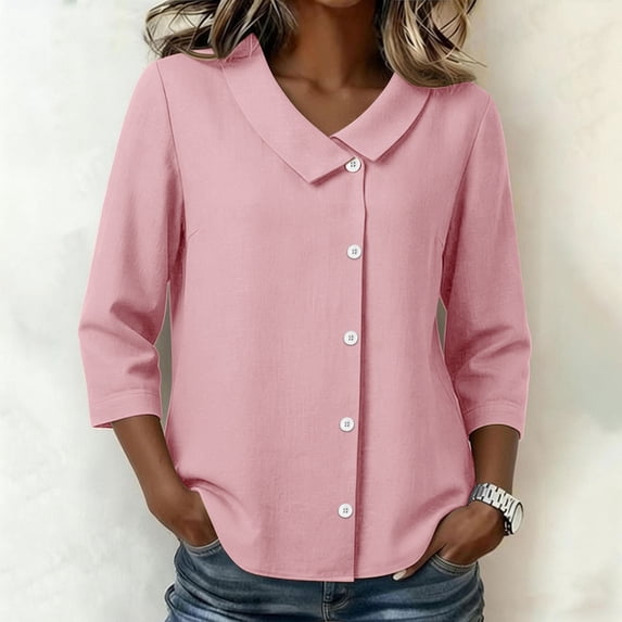 Dolkfu Tops for Women Trendy Elbow-Length Collared Pink Solid Color Tops Minimalist Solid Women'S Blouses,L