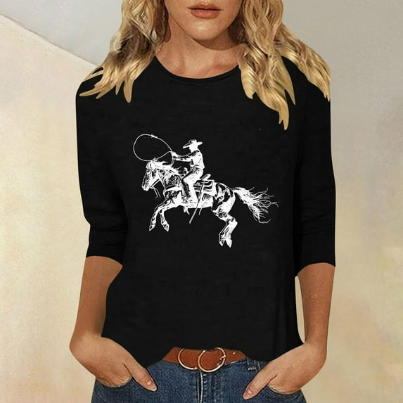 Dolkfu Trendy Ladies Tops 3/4 Sleeve Western Casual Cowboy Vintage Loose Fit Crew Neck T-Shirt Tee Shirts Womens L