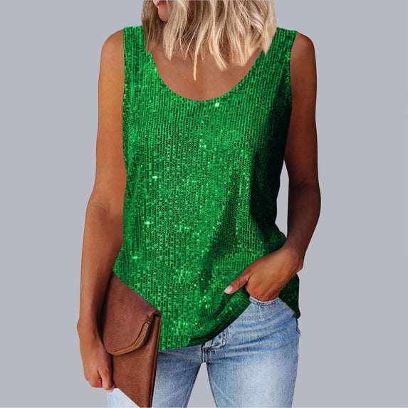 Dolkfu Trendy Tops for Women Scoop Neck Loose Fit Sequin Shiny Tank Tops Night Party Sleeveless Shirts for Ladies L