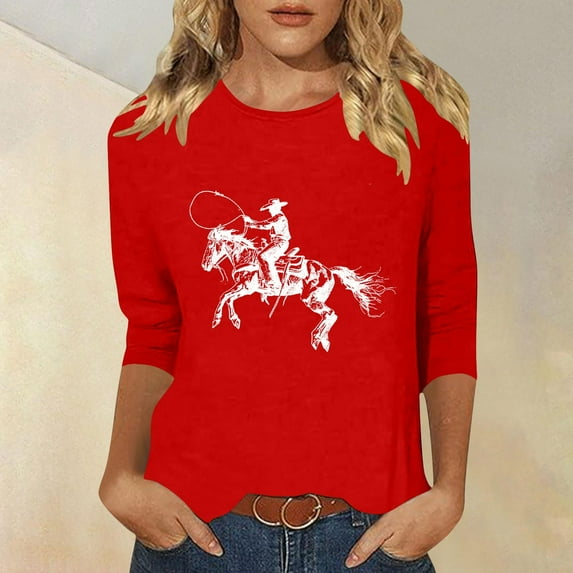 Dolkfu Trendy Tops for Women Western 3/4 Sleeve Cowboy Vintage Casual Crew Neck Loose Fit T-Shirt Women T Shirts M
