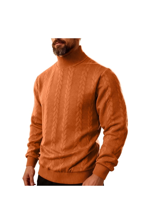 Turtleneck Sweater for Man Cable Knit Orange Pullover Sweater Solid Slim Fit Knit Shirt Big and Tall XL