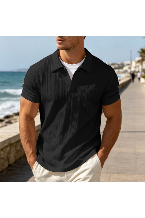 Two-Piece Double-Layer True Classic Tees Men Black Pull-on Collared Short Sleeve Polos Modern Solid Retro Tops Black,L