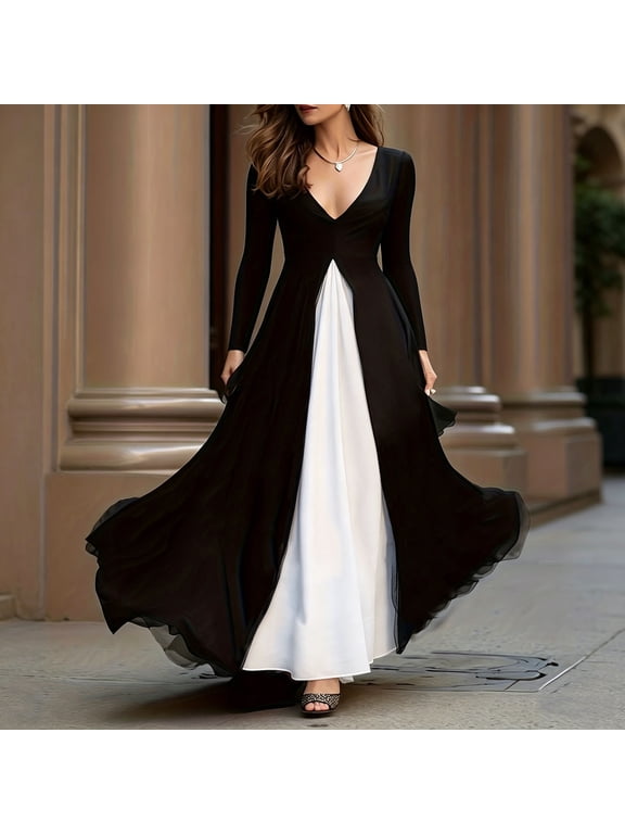 V-Neck Fall&Winter Dresses for Women Pull-on Fashion Long Sleeve Black Twofer Chiffon Relaxed Fit Classic Maxi Patchwork Dresses Black,Xxl