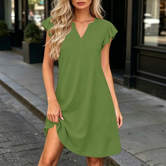 Dolkfu V-Neck Summer&Fall Dresses for Women Refined Green 1/4 Sleeve Mini A-Line Dresses Relaxed Fit Romance Solid Modern Dresses Green,L