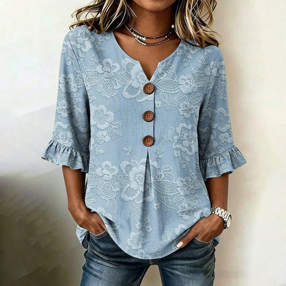 Dolkfu V-Neck Summer Tops for Women Retro Vintage Elbow-Length Multicolor Floral Minimalist Ornamental Button Blouses & Tops Multicolor,S