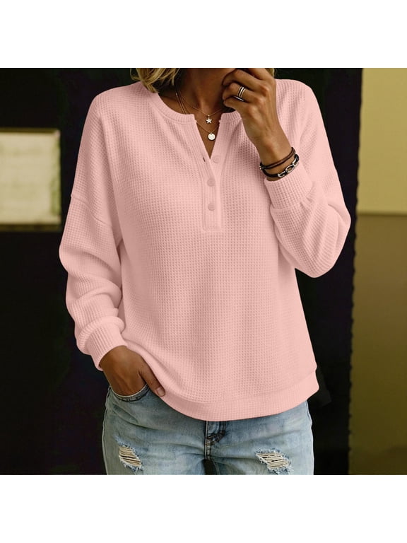 V-Neck Tops for Women Dressy Casual Pink Long Sleeve Retro Pullover Tops Casual Solid Modern Relaxed Fit Tops Pink,Xxl