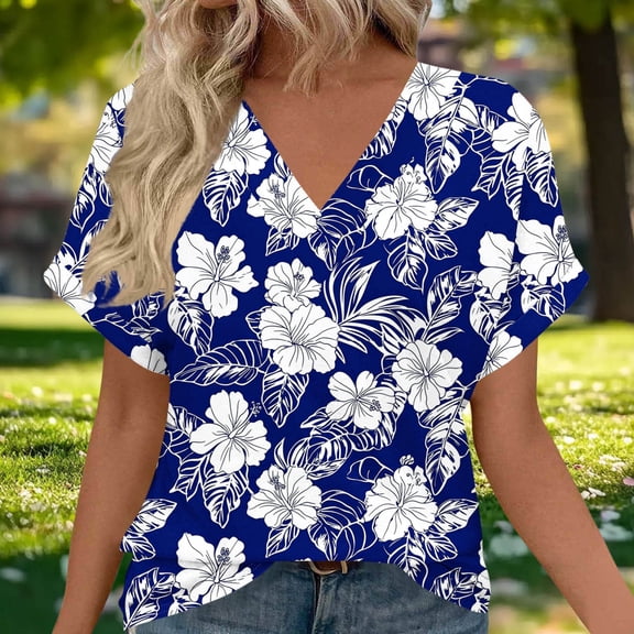 Dolkfu V Neck Tops for Women Floral Short Sleeve Blue Graphic Tees Casual Funny Shirts for Women L