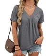 thumbnail image 1 of Dolkfu V Neck Tops for Women Smocked Gray Short Sleeve T-Shirts Plus Size Pullover Raglan Shirts for Women S, 1 of 9