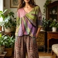 thumbnail image 1 of Dolkfu V-Neck Tops for Women Trendy Pull-on Purple 3/4 Sleeve Boho Blouses & Tops Refreshing Abstract Patchwork Purple,S, 1 of 5