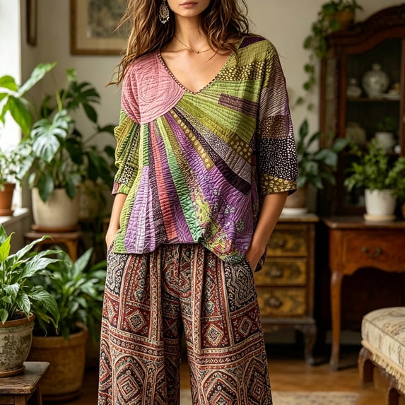Dolkfu V-Neck Tops for Women Trendy Pull-on Purple 3/4 Sleeve Boho Blouses & Tops Refreshing Abstract Patchwork Purple,S