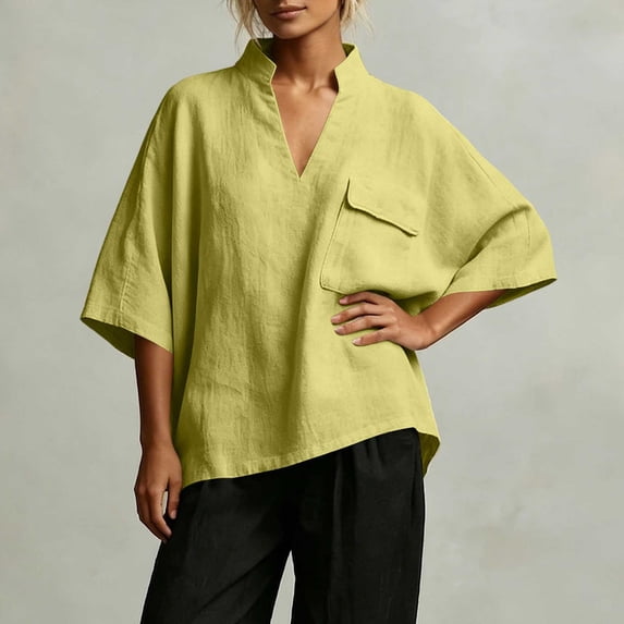Dolkfu V-Neck Tops for Women Trendy Retro Vintage Polyester Green Elbow-Length Modern Pull-on Refined Solid Blouses & Tops Green,Xl