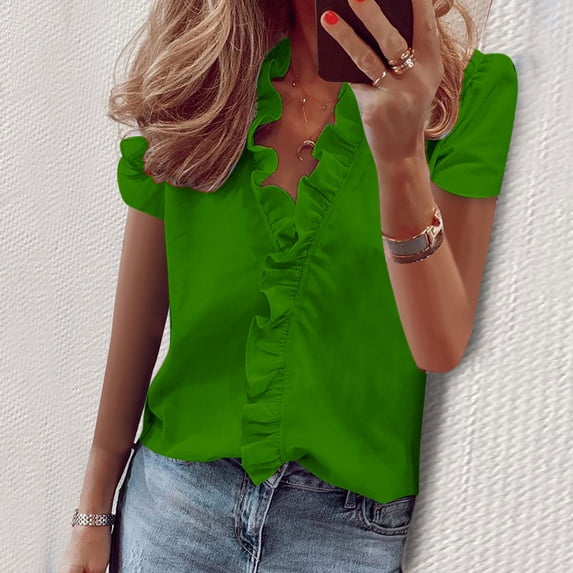 Dolkfu V-Neck Women Clothing Minimalist Green Pull-on Short Sleeve Blouses & Tops Casual Modern Solid Tops Green,Xxl
