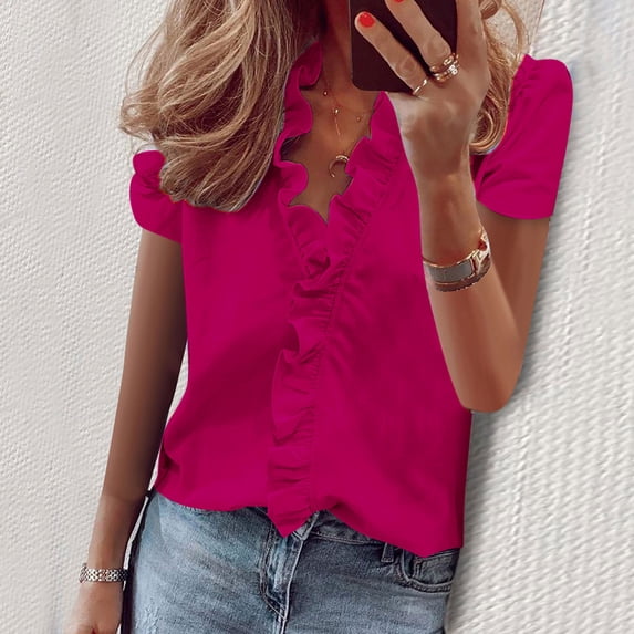 Dolkfu V-Neck Women Clothing Minimalist Pull-on Pink Short Sleeve Blouses & Tops Casual Solid Modern Tops Hot Pink,Xl