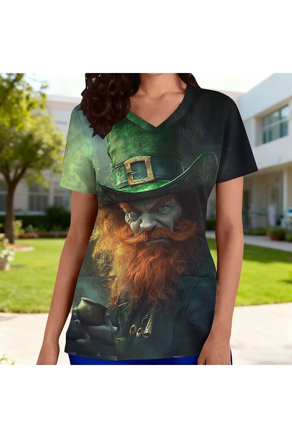 V Neck Women's Tops Short Sleeve Green Scrub Pullover Tees Pocket Novelty Womens Shirts L