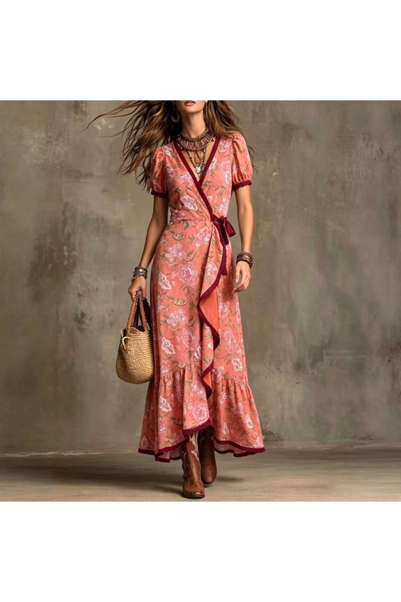 V-Neck Womens Fall&Winter Dresses Long Boho Short Sleeve Pink Dresses Relaxed Fit Printed Flowers Retro Vintage Peasant Dresses Pink,Xxl