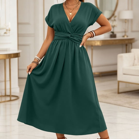 Dolkfu V-Neck Womens Fall&Winter Dresses Petal Pull-on Green Short Sleeve Faux-Wrap Romance Solid Relaxed Fit Long Dresses Green,Xl