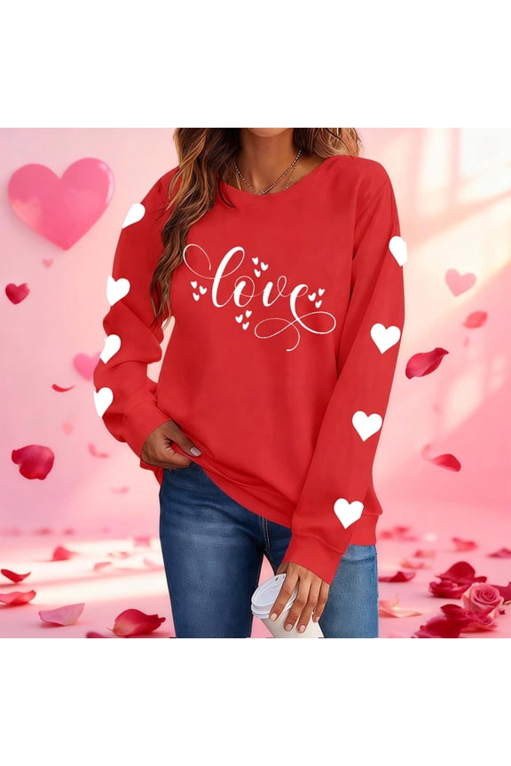 Valentines Day Women's Shirts Red Heart Print Graphic Tees Pullover Crewneck Pullover Womens Holiday Tops M