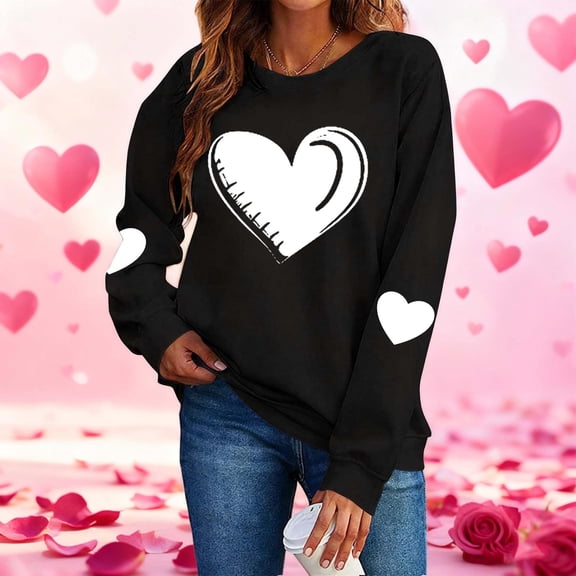 Dolkfu Valentines Women Shirt Black Cute Heart Graphic Tees Loose Fitting Long Sleeve Crewneck Womens Going Out Tops XL