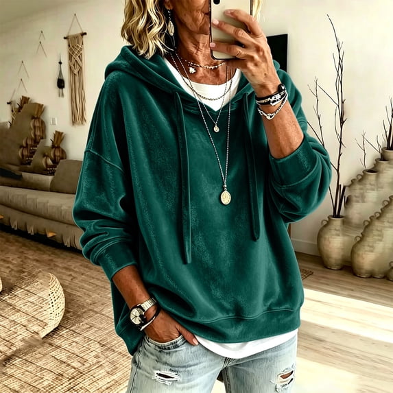 Dolkfu Velour Women Clothing V-Neck Silky Smooth Long Sleeve Green Hoodie Modern Solid Relaxed Fit Soft Luxe Tops Green,M