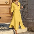 thumbnail image 1 of Dolkfu Waist Cinched Women'S Fall&Winter Dresses Collared 3/4 Sleeve Maxi Yellow Shirt Dress Refined Cotton Linen Solid Relaxed Fit Dresses Yellow,L, 1 of 6