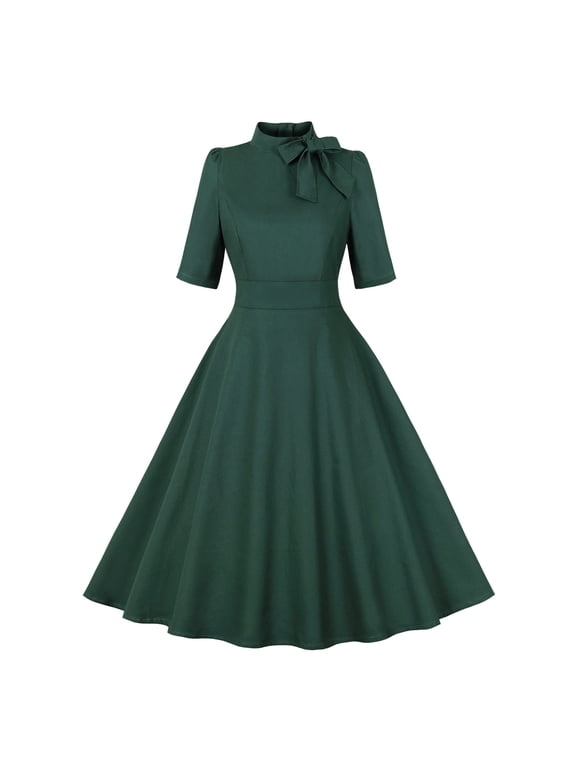 Waist Cinched Womens Fall&Winter Dresses Bow Green Mock Neck Short Sleeve Maxi Ball Gown Dresses Solid Full Swing Flared Dresses Green,Xl
