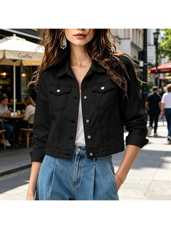 Western Cowboy Women Clothing Long Sleeve Collared Black Button Bomber Modern Solid Denim Refined Jackets Black,L