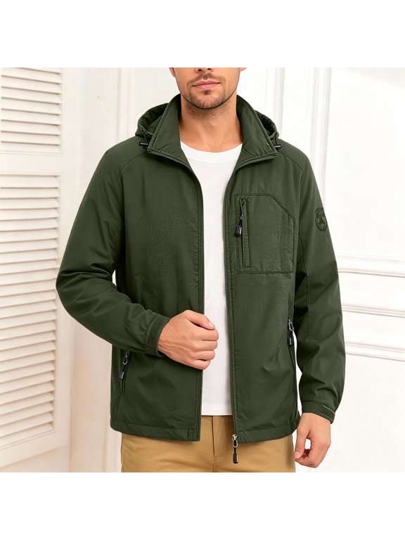 Western Style Men'S Coats, Jackets & Vests Zip Mock Neck Long Sleeve Green Full Zip Windbreaker Athletic Retro Solid Jackets Army Green,L