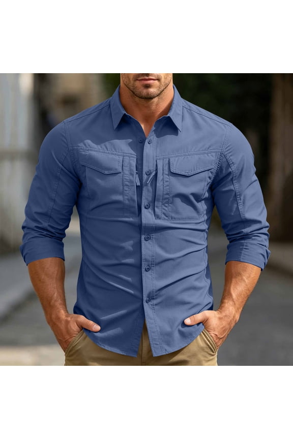 Western Style Men'S Dress&nbsp;Shirts Collared Button Blue Long Sleeve Button-Up Shirts Solid Modern Classic Fit Refreshing Tops Blue,M