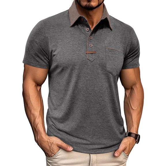 Dolkfu Western Style True Classic Tees Men Gray Collared Short Sleeve Button Tops Modern Retro Vintage Solid Polos Dark Gray,M