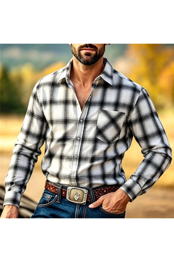 Western Style True Classic Tees Men White Long Sleeve Collared Button-Up Shirts Plaid Casual Patchwork Tops White,M