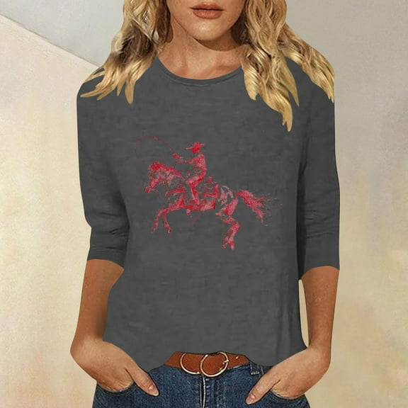 Dolkfu Western Womans Tops 3/4 Sleeve Vintage Crew Neck Loose Fit Casual Cowboy T-Shirt 2025 Womens Fashion S