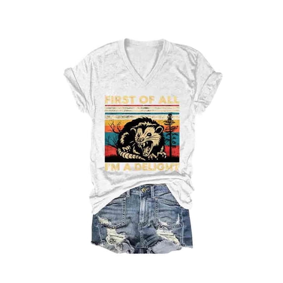 Dolkfu White Comfort Colors Tshirt V-Neck Refreshing Pull-on Short Sleeve T-Shirts Animal Graphic Prints Casual Tops White,Xxl