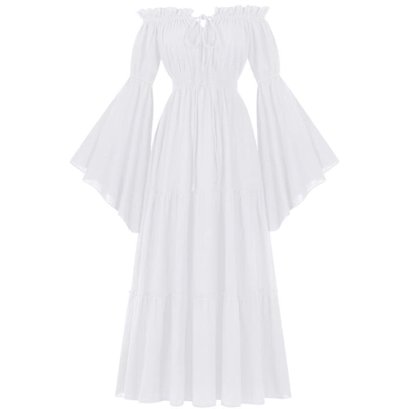 Dolkfu White Summer&Fall Dresses for Women Boat Neck Maxi Long Sleeve Refined Fit & Flare Dresses Cotton Blend Waist Cinched Solid Dresses White,Xl