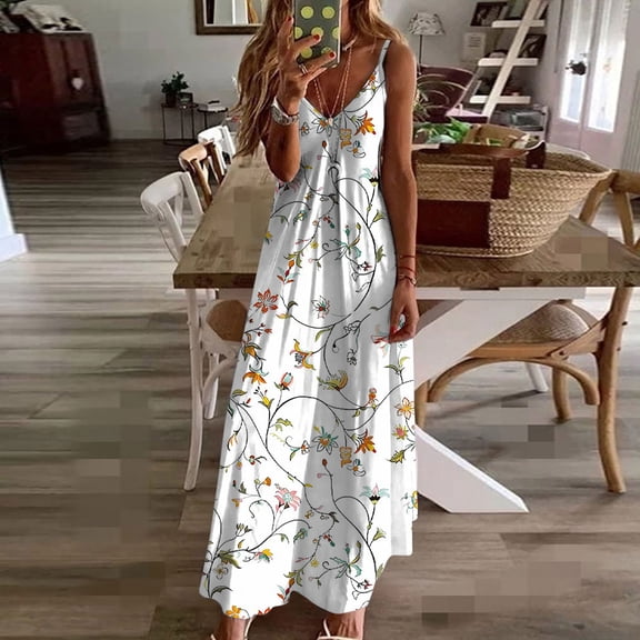 Dolkfu White Summer&Fall Dresses for Women Minimalist V-Neck Sleeveless Maxi Slip Dress Relaxed Fit Printed Outdoor Floral Dresses White,L