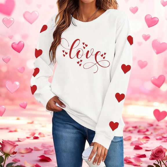 Dolkfu White Sweatshirt for Women Heart Print Valentines Day Tees Pullover Crewneck Women's Clothing L