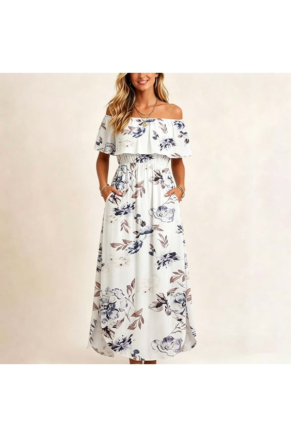 White Women'S Fall&Winter Dresses Boat Neck Boho Long Short Sleeve Dresses Relaxed Fit Refreshing Flowers Printed Fit & Flare Dresses White,S