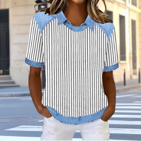 Dolkfu Pull-on Womens Summer Tops White Collared Short Sleeve French Chic Blouses & Tops Striped Polycotton Patchwork Pullover Western Style White,Xxxl