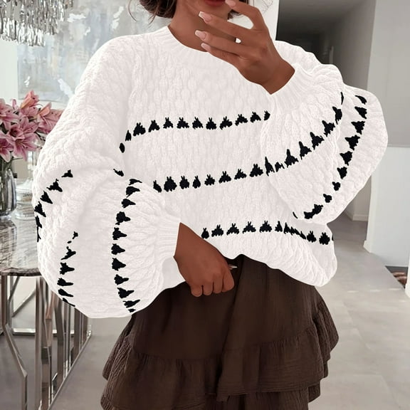Dolkfu White Women Sweater Striped Cozy Plus Size Sweater Slouchy Latern Sleeve Blouse Women's Plus Size Sweaters L
