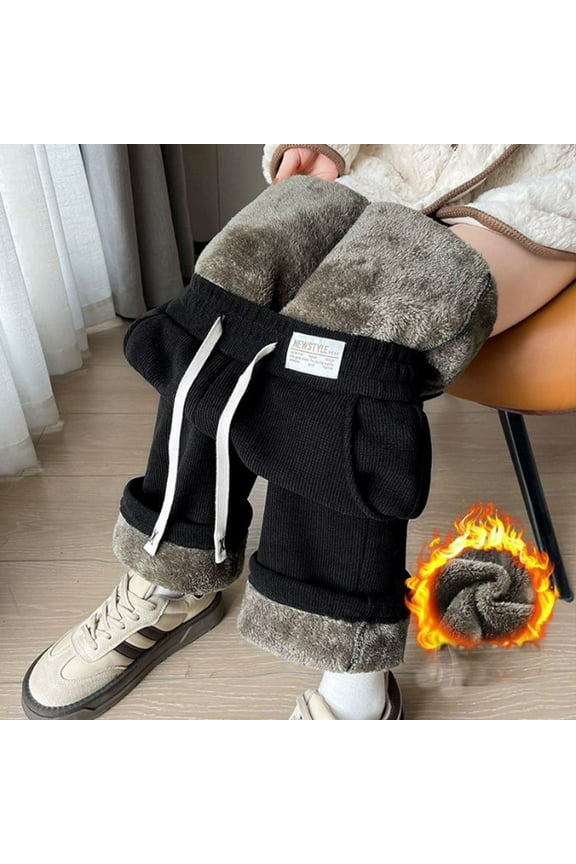 Wide Leg Pants for Women Thicken Black Fleece Lined Sweatpants Drawstring Thermal Snow Pants Womens Pants Petite L
