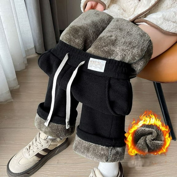 Dolkfu Wide Leg Pants for Women Thicken Black Fleece Lined Sweatpants Drawstring Thermal Snow Pants Womens Pants Petite L