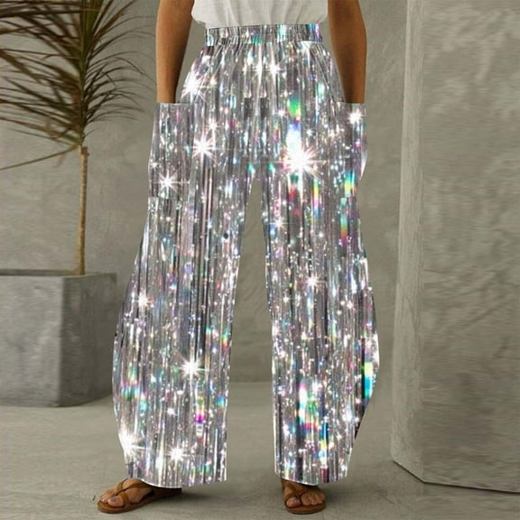 Dolkfu Wide Leg Winter Pants for Women High Waisted Sequin Disco Pants Dance Night Club Streetwear Women's Pants L