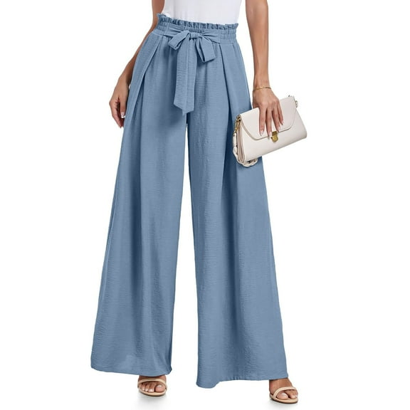 Dolkfu Wide Leg Women Pants High Rise Blue Pleated Work Pants Tie Front Business Office Pants Womens Trouser Pants S